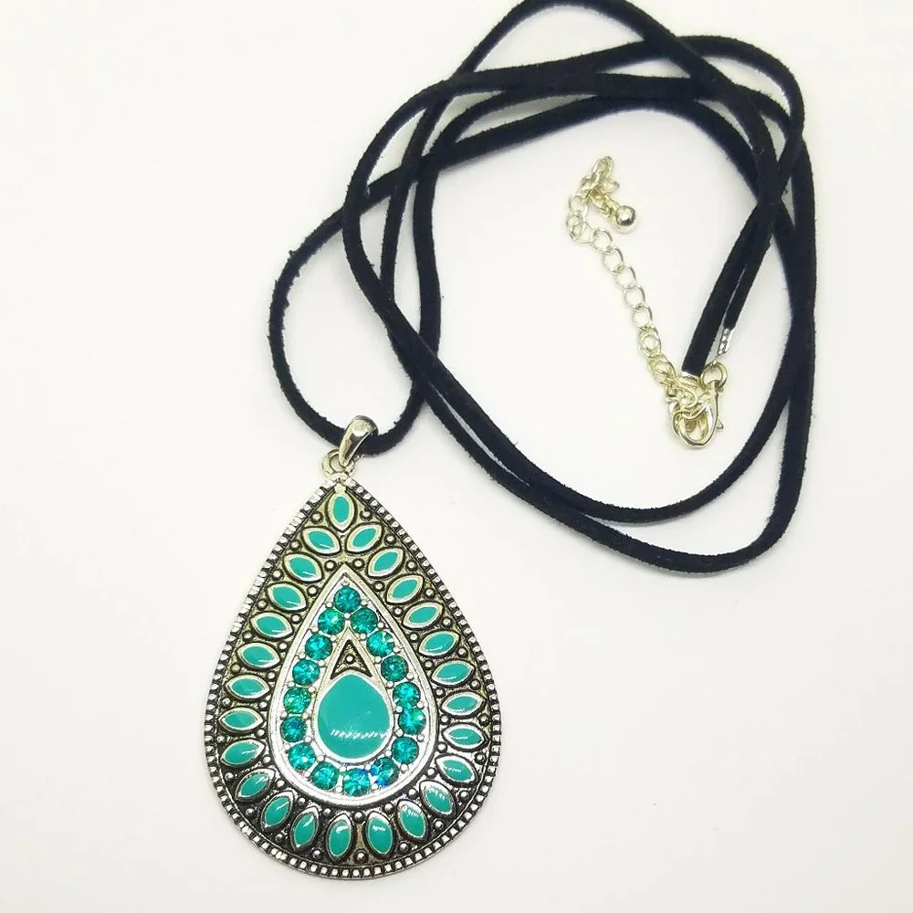 Turquoise Blue Rhinestone & Enamel Accent Silver Teardrop Southwest SW Necklace